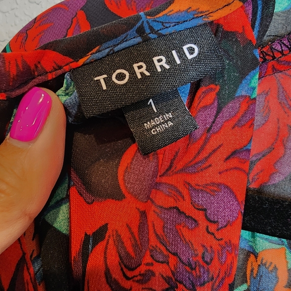 Torrid Red Black Floral Lace Sleeve Print Design Peasant Boho Maxi Dress - Picture 6 of 7